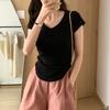 Summer Hot Girls Irregular V-neck Pure Desire Style Base Short-sleeved T-shirt Design Feel Waist-hugging Slim Short Top