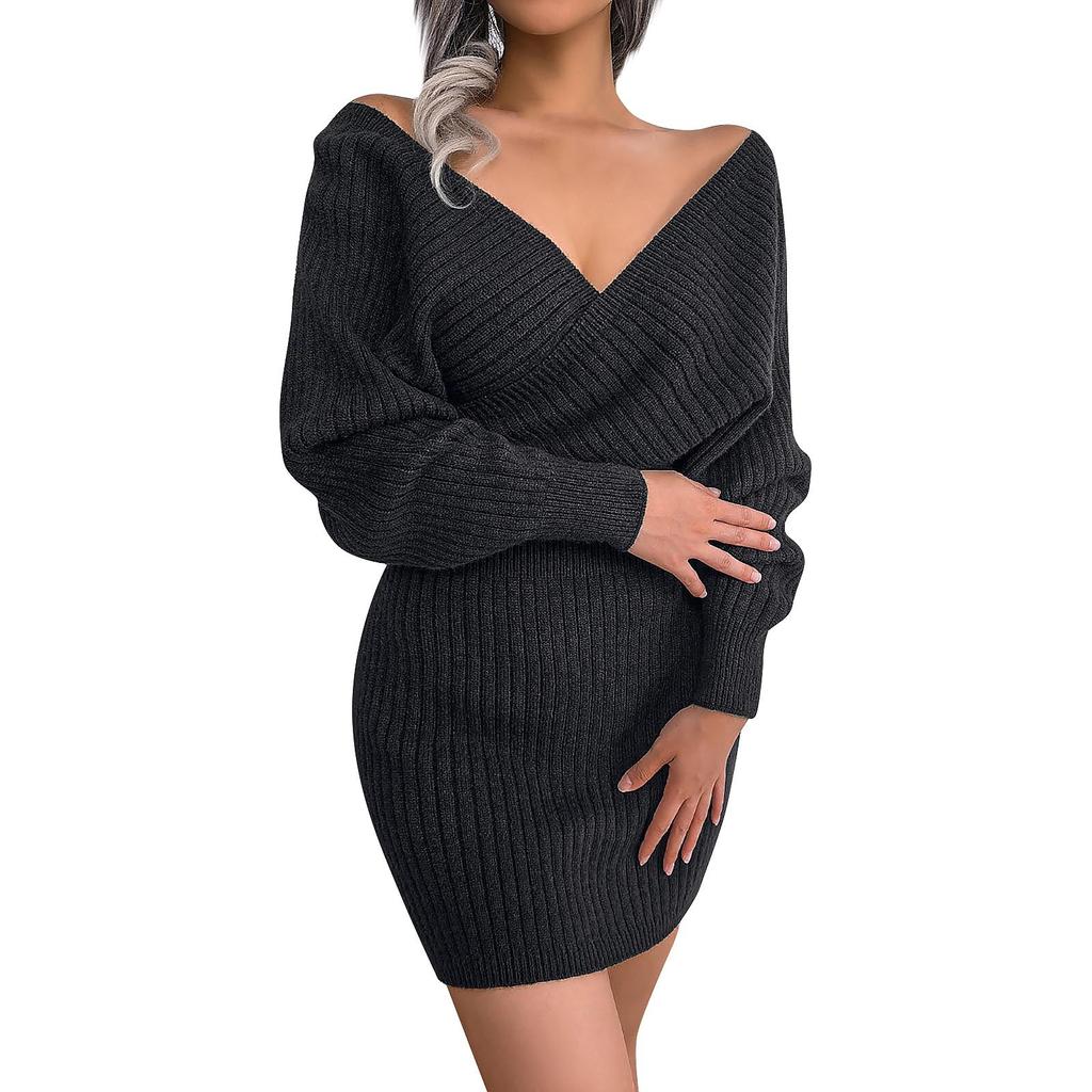 Dámská módní sexy sukně s výstřihem do V a zavinovacími šaty z vlny