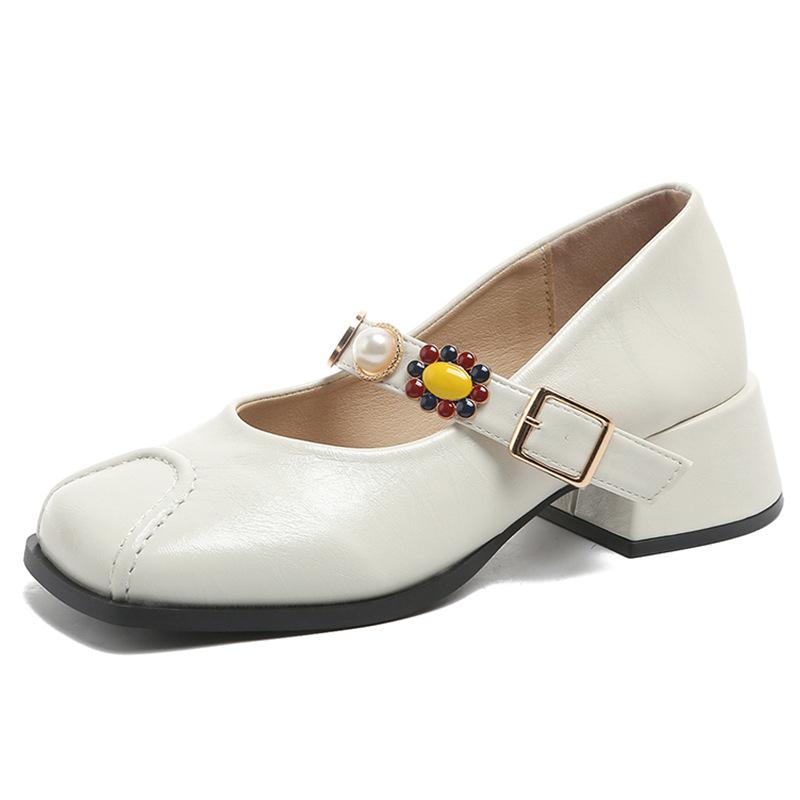 Single Shoes Women's 2025 Spring New French with Skirt Soft Leather Not Tired Feet Temperament Square Head Thick Heel Mary Jane Women's Shoes