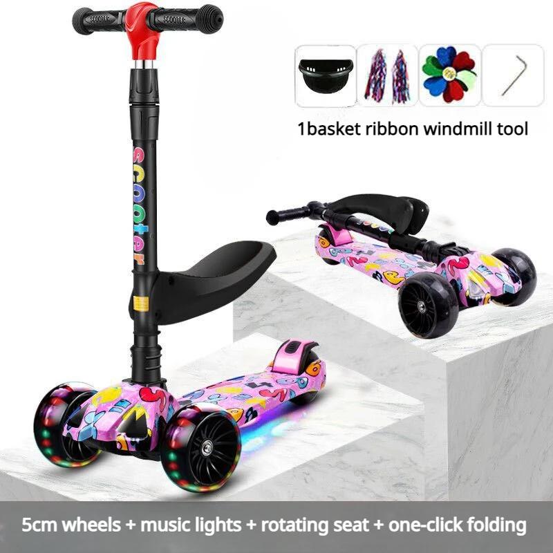 3 Wheeled Scooter With Wheel Lights For Kids 2-In-1 Sit/Stand Child Toddlers Toy Kick Scooters Flip-Out Seat Adjustable Height