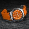 Men's Quartz Watch with Silicone Band, Multifunctional Design, Three Subdials, Six Hands, and Calendar.