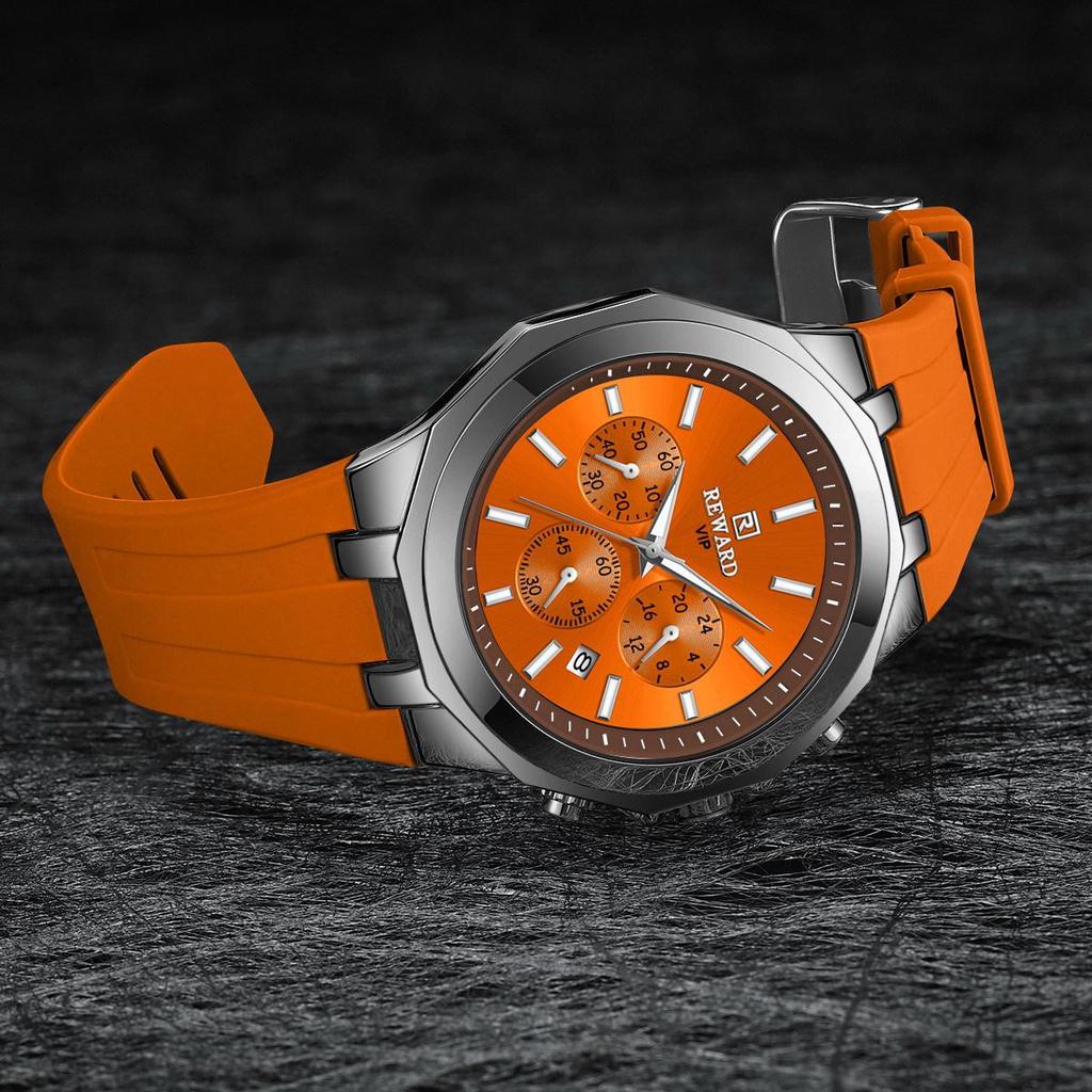 Men's Quartz Watch with Silicone Band, Multifunctional Design, Three Subdials, Six Hands, and Calendar.