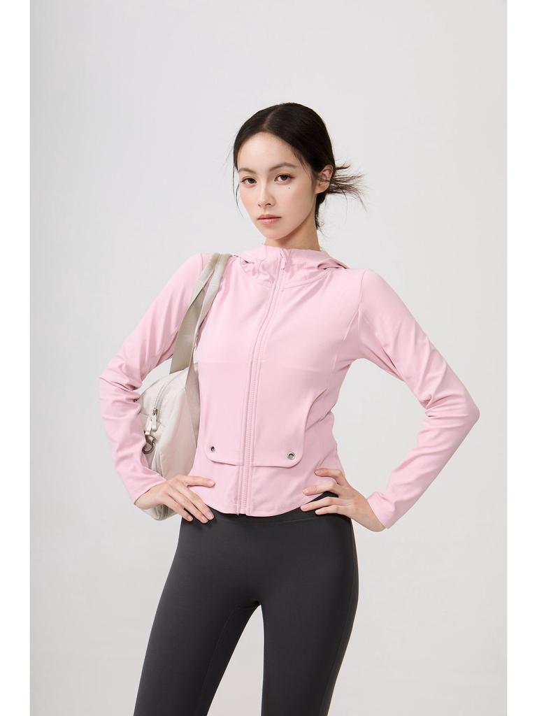 Lu Chuan Slim Fit Hooded Yoga Jacket with Waistband Pocket and Zipper.