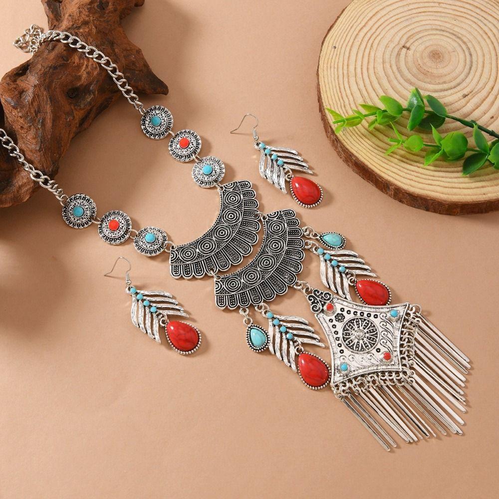 Imitation Turquoise Ethnic Style Jewelry Set Exaggerated Neck Jewelry Women