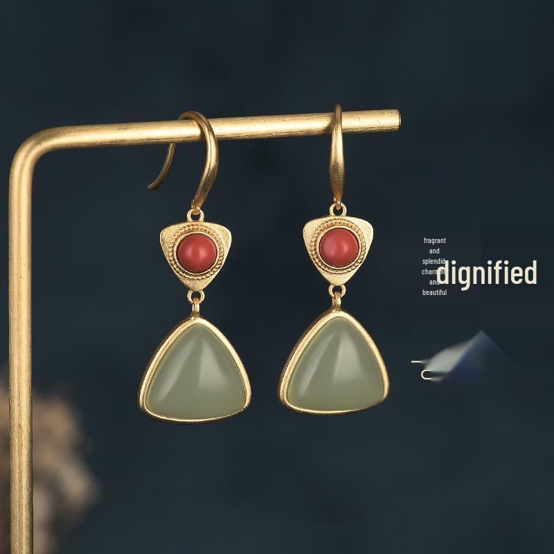 

Chinese Style Gold-Plated Jade & Nanhong Dangle Earrings