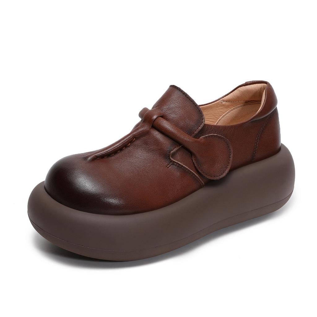 Johnature Genuine Leather Thick Soled Women's Shoes Round Toe Lightweight Retro Flat Platform Shoes