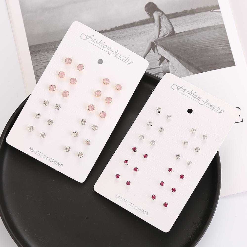 Elegant Colored Rhinestone Stud Earrings Set - 12 Pairs