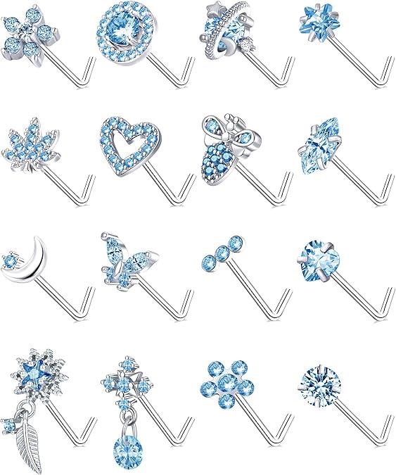 16Pcs 20G Nose Rings Studs Stainless Steel L Shaped Nose Stud CZ Butterfly Star Moon Heart Flower Dangle Piercing Jewelry