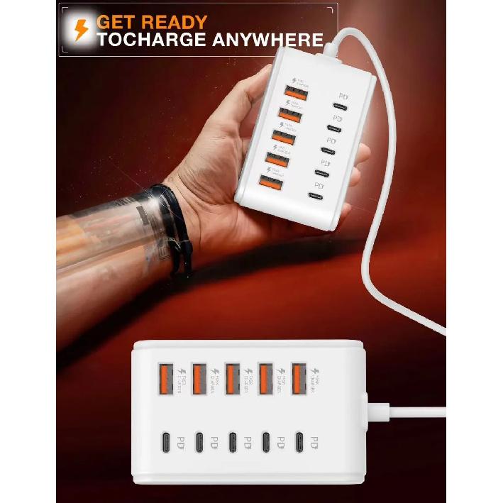 10 Ports USB Charger Fast Charging Power Strip USB Type-C Electrical Socket Adapter For Home Office Desktop Charging Station