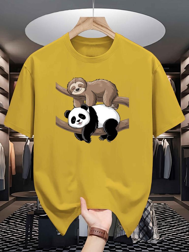 Unisex Crew Neck Tee Lazy Sloth Panda Cute Cartoon Graphic Print Soft Cotton Loose Short Sleeve Summer Casual Male Streetwear Tops