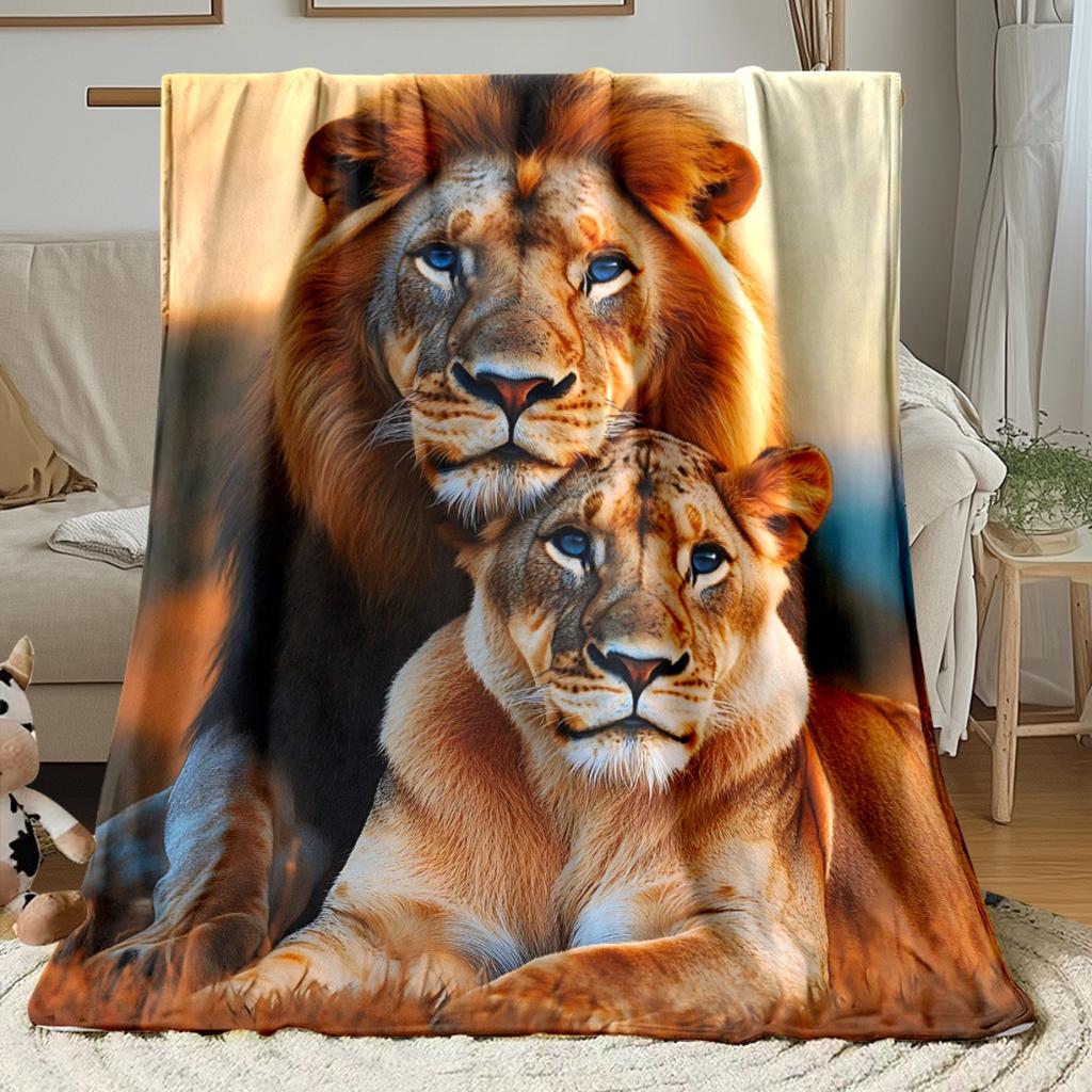 Personalized Lion & Lioness Fleece Blanket Custom Picture Name Soft Cozy Throw All Season Bedding for Living Room Bedroom Decor