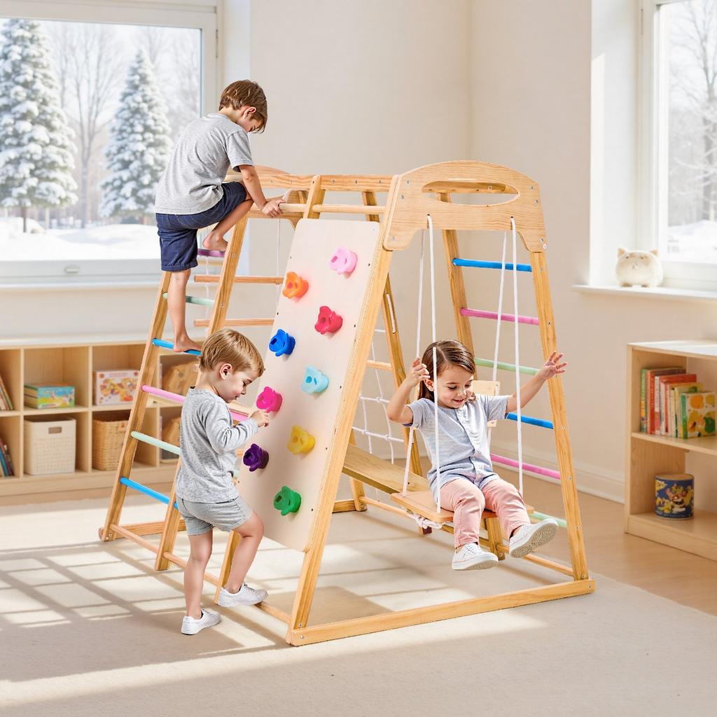 Indoor Playground Jungle Gym, 7-in-1 Wooden Indoor Playground for Kids, 113KG Montessori Climbing Toys Playset with Swing, Monkey Bar, Slide, Wooden