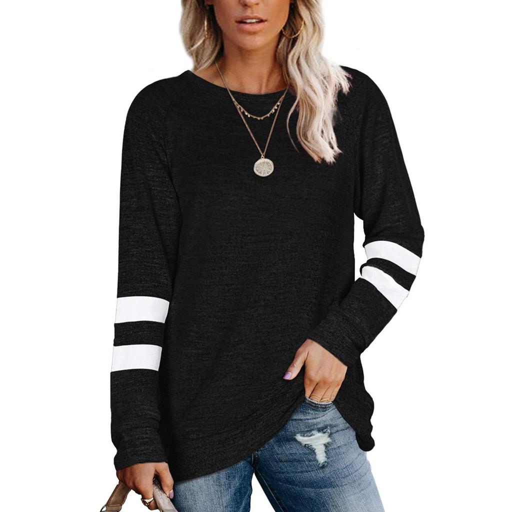 Fashion Casual Womens Long Sleeve Striped Spliced Tops Loose Sweatshirt
