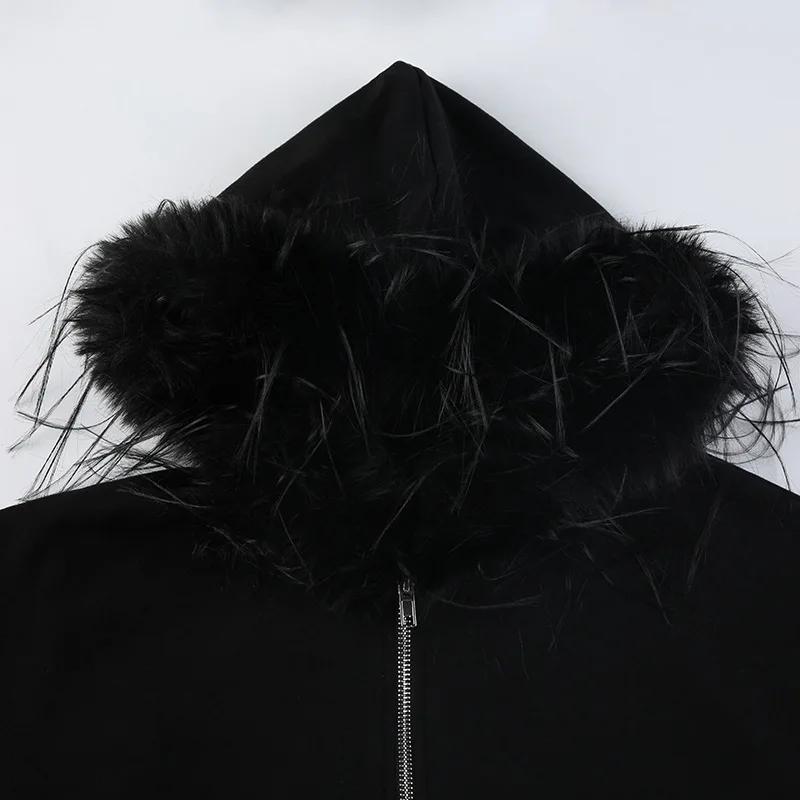 Goth Dark Faux Fur Collar Hooded Cardigans, Zip Up Hoodies, Gothic Grunge Pockets, Black Jackets, Female Y2k Streetwear