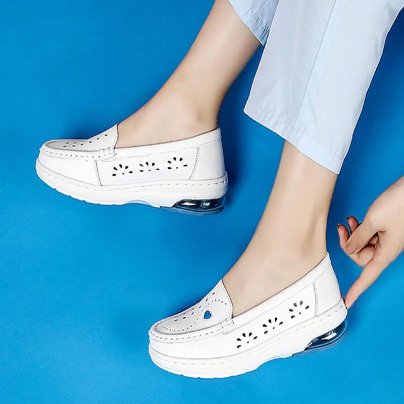 Fashion Women's Loafers White Nurse Shoes Women's Soft Sole Breathable Comfortable Without Tiring Feet New Ladies Flats Leather Shoes