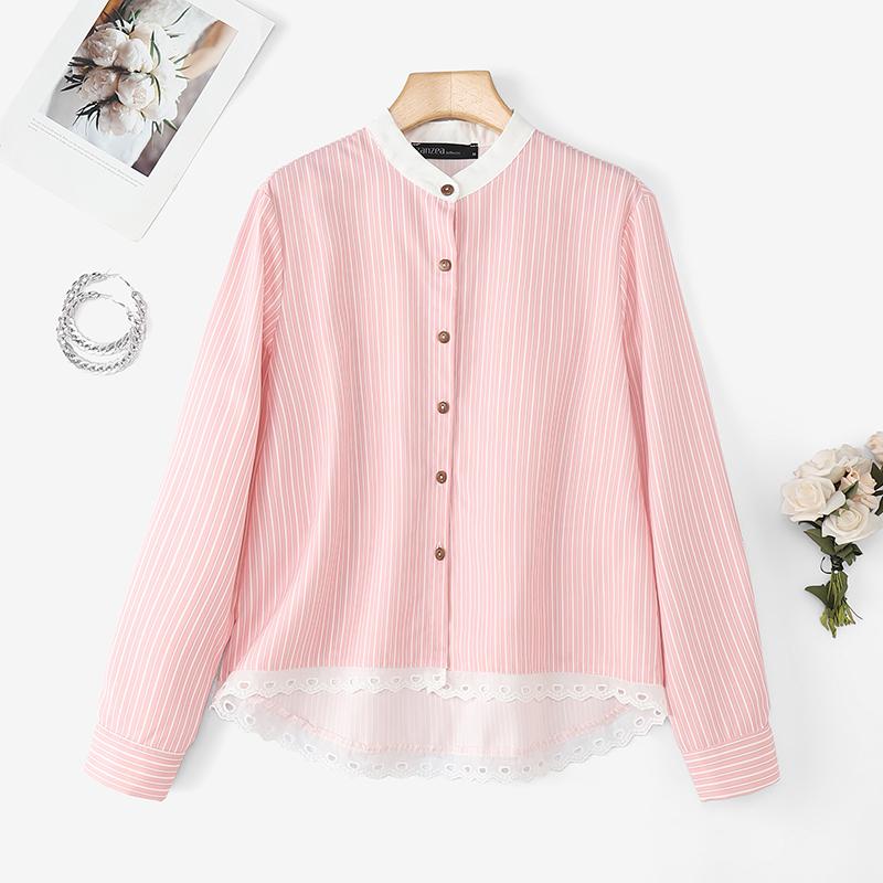 

ZANZEA Women Casual Round Neck Long Sleeve Lace Splice Stripe Blouse 5XL розовый