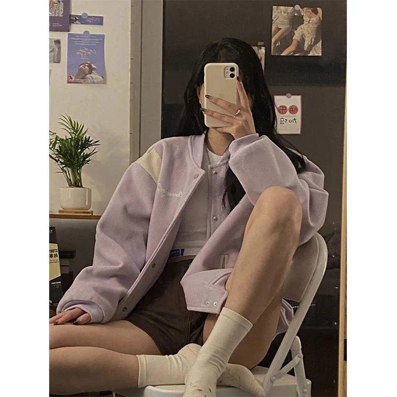 

Women s Taro Purple Suede Baseball Jacket, 2024 Autumn/Winter Fleece-Lined Coat M