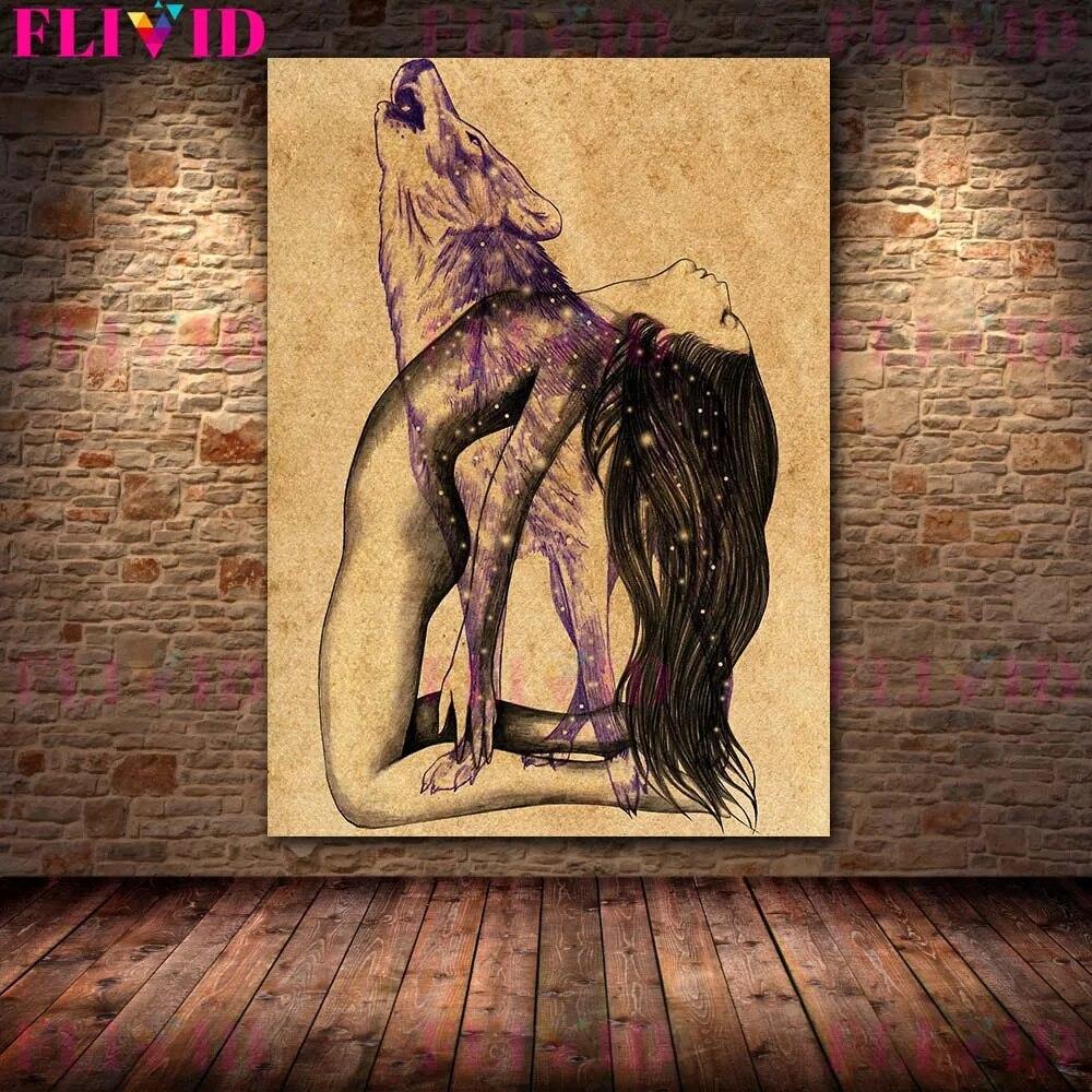 Wolf Woman And And Moon Wicca Vintage Wall Art Canvas Painting Daughters Of The Moon Art Poster And Print Home Decor No Frame