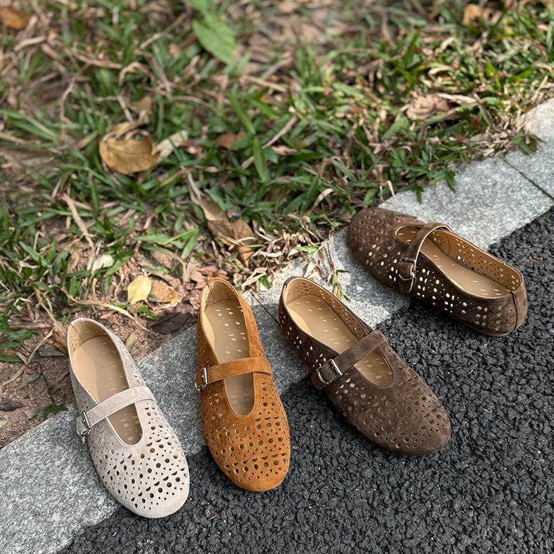 Johnature Retro Cow Suede Hollow-out Flat Shoes Breathable Soft Sole Versatile Women's Shoes