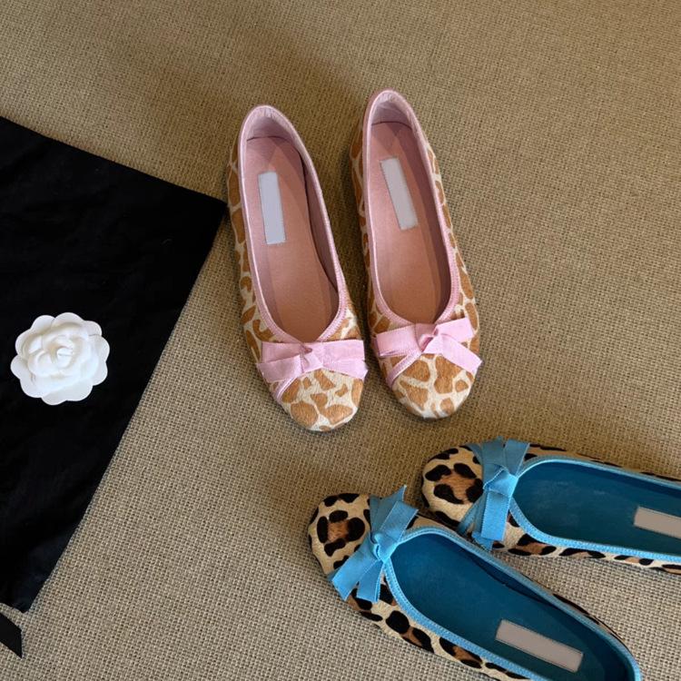 

Soft leather version~ French evening breeze bow leopard print single shoes round head ballet shoes one pedal shallow mouth flat shoes women 40 розовый