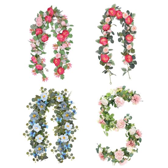 170/180CM Künstliche Pfingstrosen-Blumenranke mit Eukalyptusblättern UV-beständig Realistisch Hängende Kunstblumen-Rattanranke für Hochzeitsparty Heimdekoration