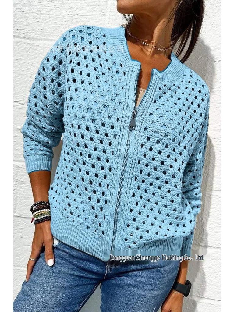 Veste zippée décontractée en maille ajourée pour femme 2025