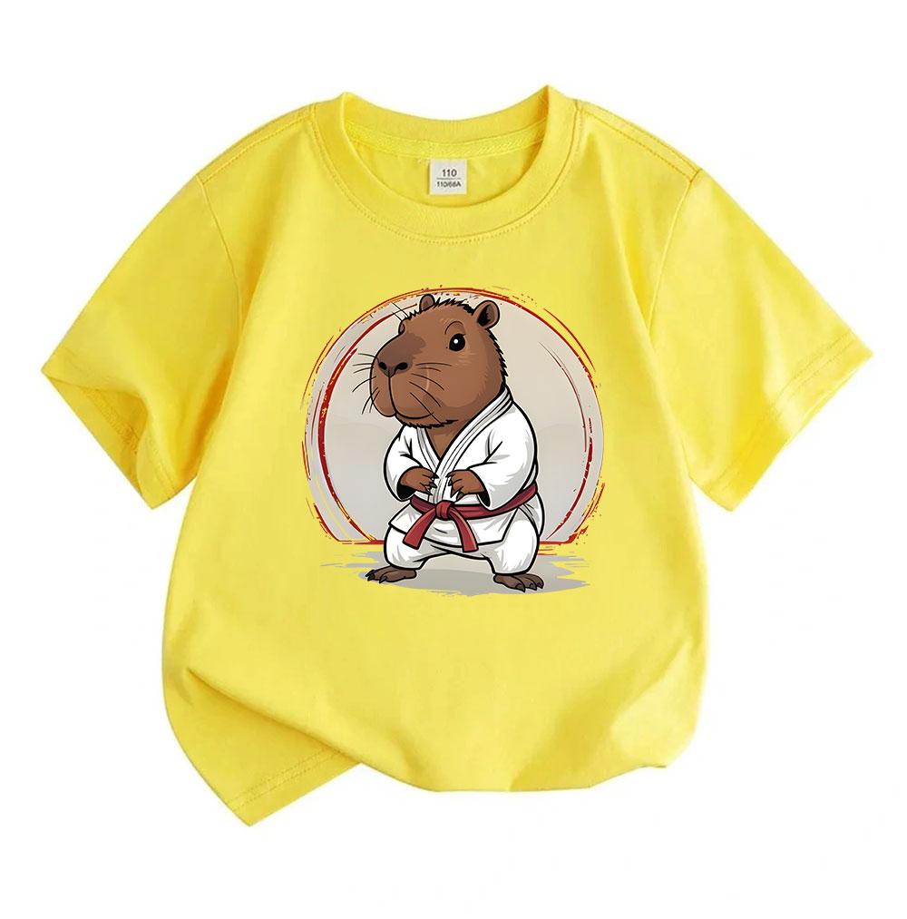 Kids Boys Girls 100% Cotton Crew Neck Short Sleeve T-Shirt, Cute Capybara Karate Martial Arts Graphic Casual Tee for Children Daily Wear