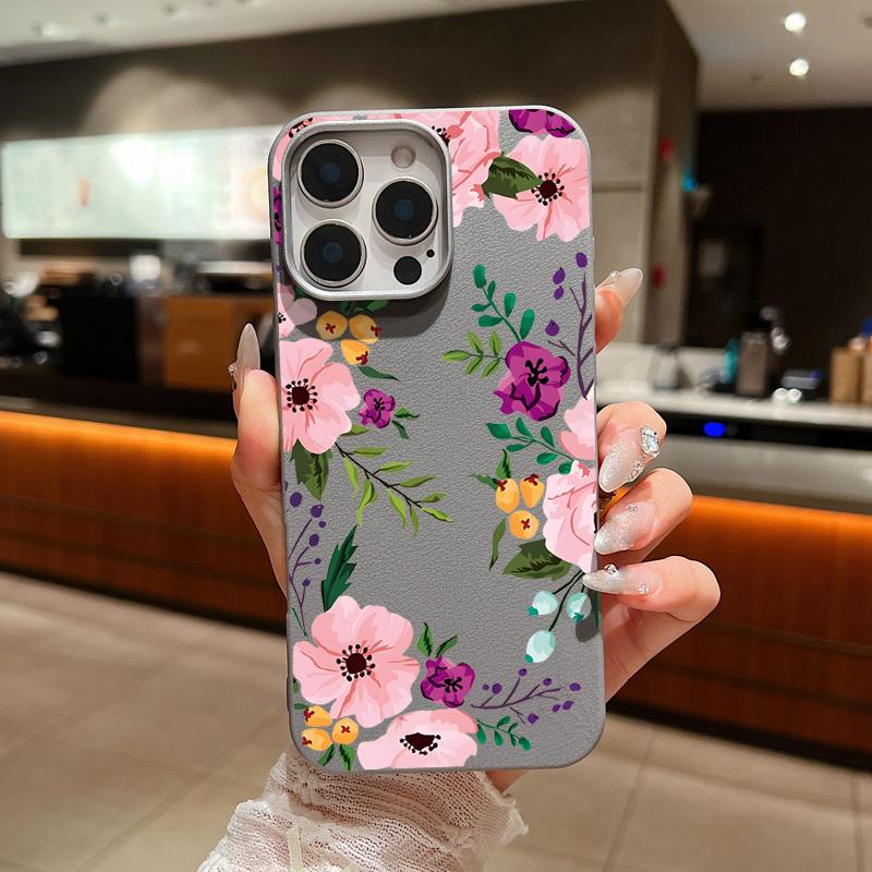 Floral Pattern Leather Texture Soft TPU Case For iPhone 16 15 14 Pro Max 15 Plus 12 13 Pro Max 11 Flowers Shockproof Phone Cover