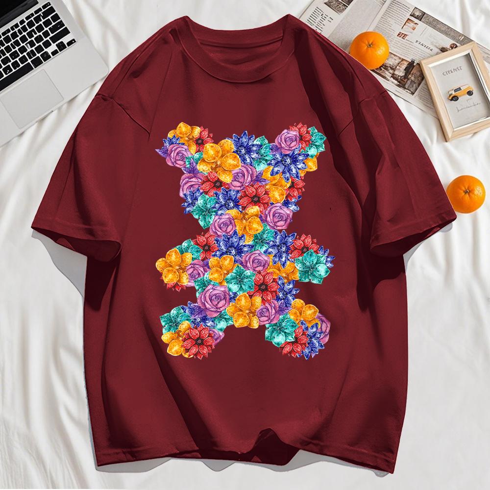 Little Bear Composed Of Flowers Printing T-Shirt Man Loose Cotton T Shirts Trendy O-Neck Casual Top Summer Streetwear