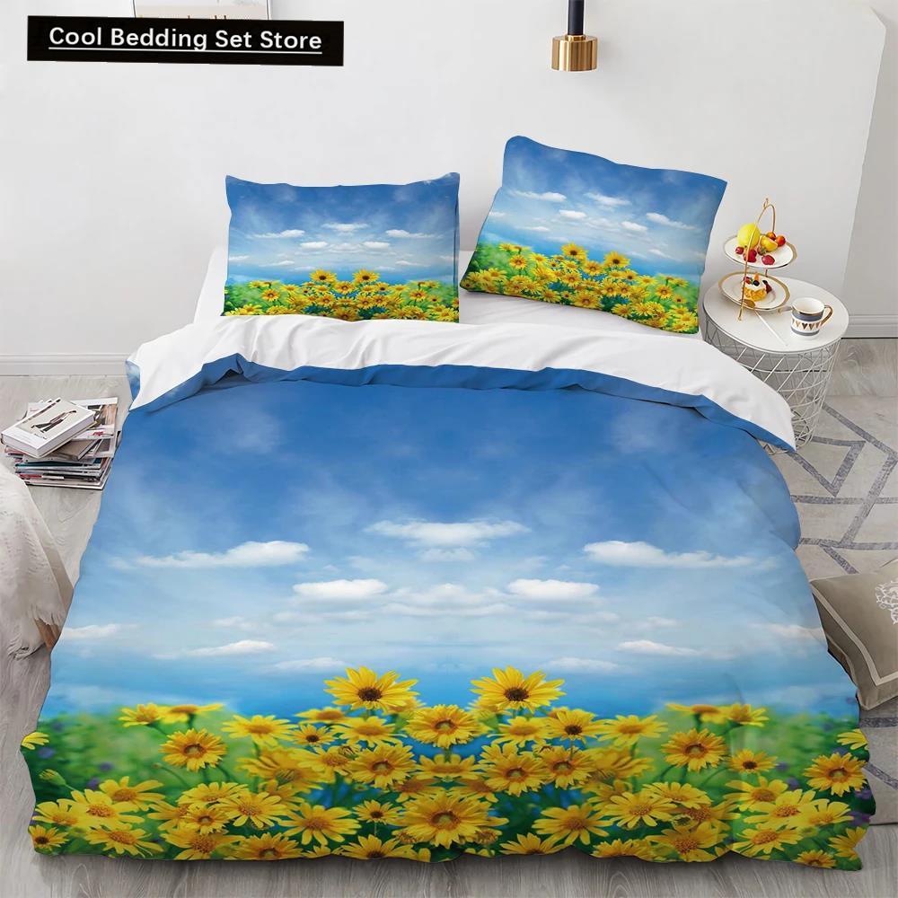 Blue Sky King Queen Påslakan Rosa Blommor Vit Flygande Fågel Sängkläder för Barn Tonåringar Vuxna 3d Naturlandskap Täcke