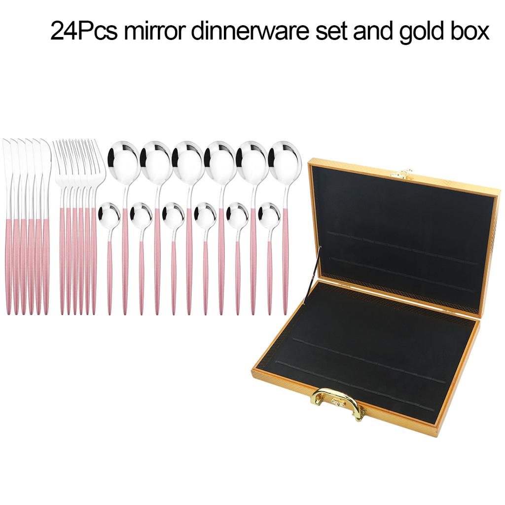 24Pcs Black Gold Dinnerware Set with Box Knives Fork Tea Spoon Cutlery Set Stainless Steel Silverware Tableware Kitchen Flatware
