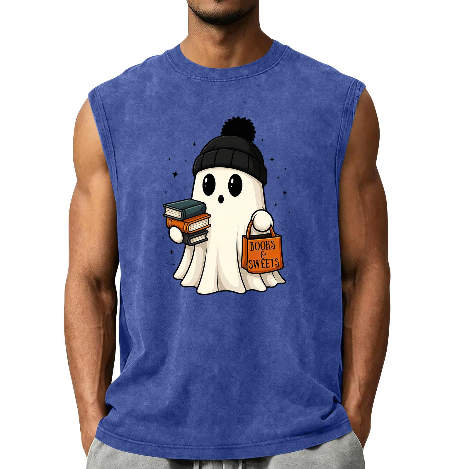 Men s Sleeveless Crew Neck Vintage Style Casual Tank Top Soft Comfortable Fabric Halloween Ghost Print M