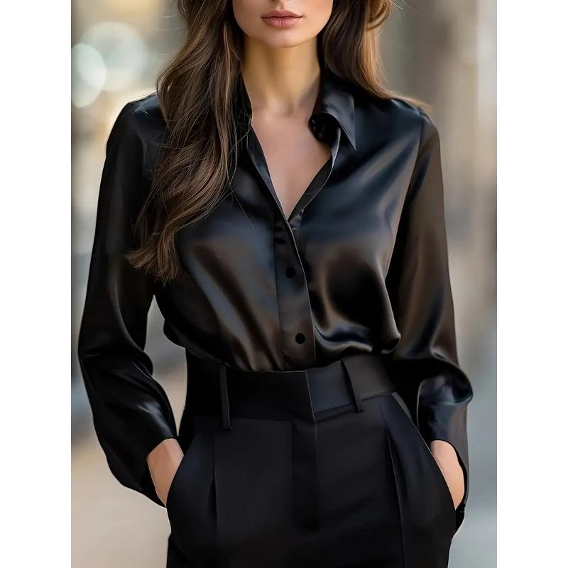 DAFIFY Women's Fashion Casual Spring Autumn Solid Color Print Long Sleeve POLO Neck Blouses & Shirts