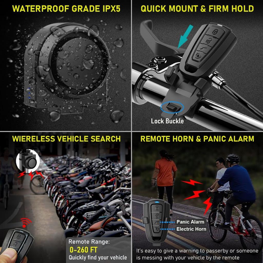 Wireless Remote Bike Alarm: 115DB Super Loud Bicycle Vibration Motion Sensor Siren Anti Theft Security System Motorcycle Alarm Waterproof USB-C