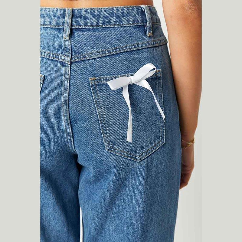 Vintage Bow Straight Jeans Women Causal Loose Zipper High Waist Trousers Spring Denim Pants with Pockets