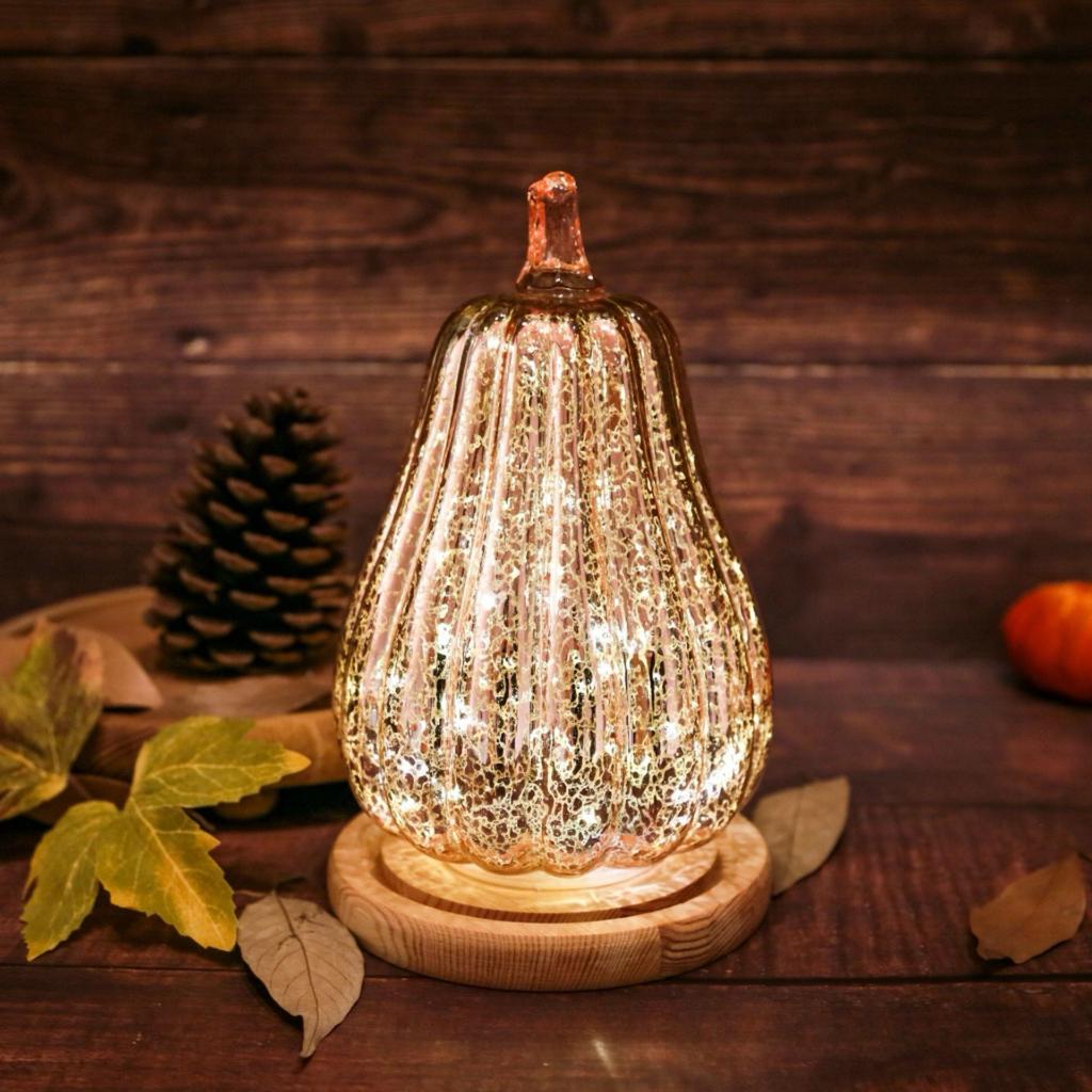 Rose gold glass pumpkin lantern Halloween Decor for Tables Centerpiec Lighted Collectible Thanksgiving Autumn Harvest Figurine