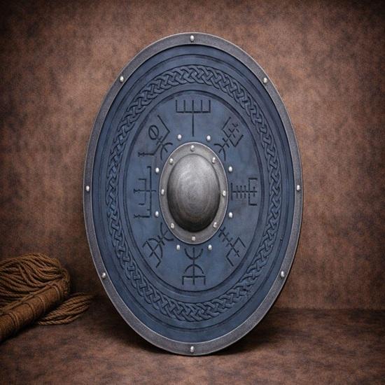 Viking Blue Wooden Shield with Norse Rune Symbols Round Shield 60.96 Cm Nordic Wall Decor, LARP Cosplay Prop, Medieval Warrior Gift