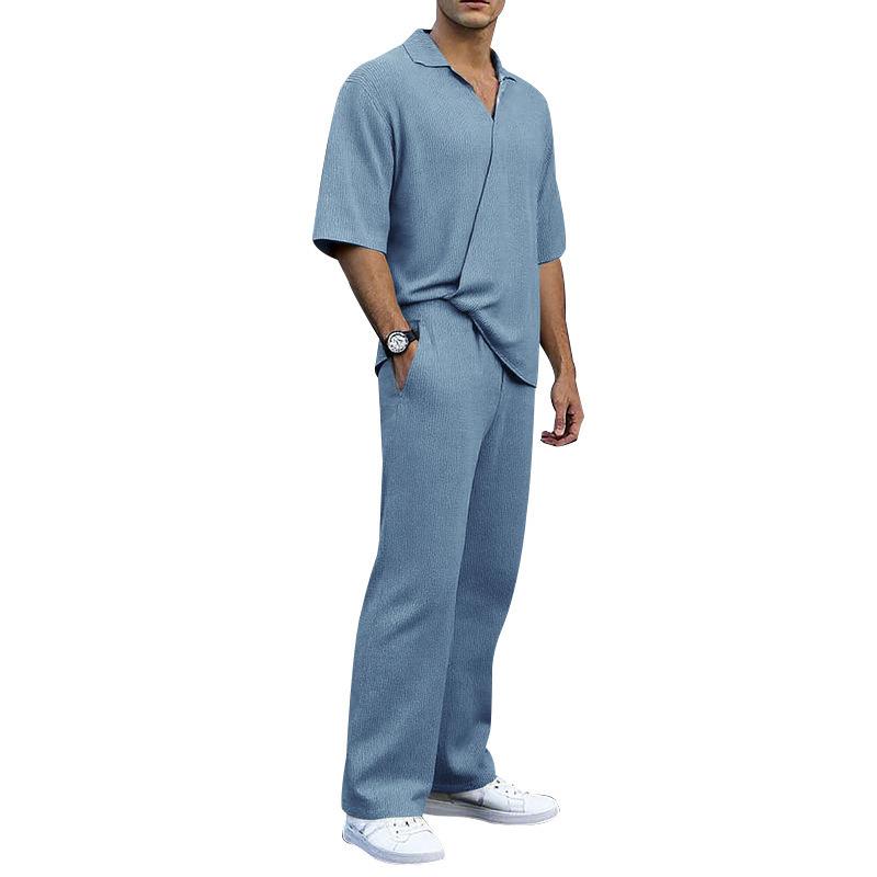 

Мужской повседневный костюм лето новый короткий рукав однотонный дышащий эластичная талия модный костюм-двойка S светло-синий