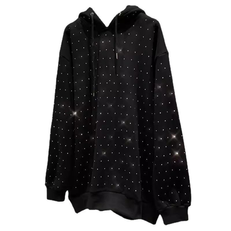 Plus-Size Rhinestone Starry Hooded Pullover for Women - Loose Fit, Extra Large 