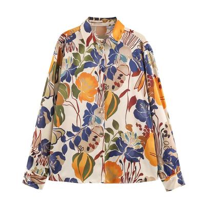 European Style Silk Satin Print Long Sleeve Shirt for Women