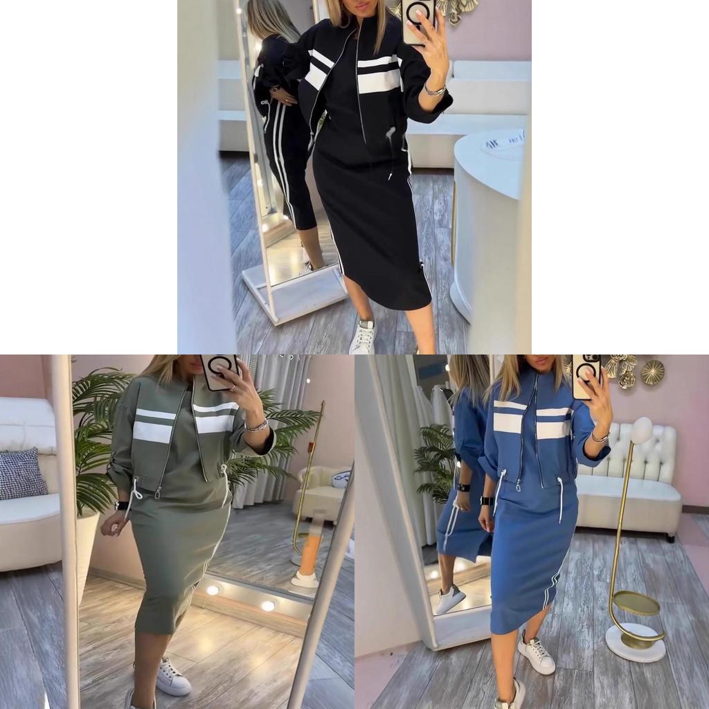 Womens Autumn Casual Zipper Green Dress Suit With Patching For Daily Wear