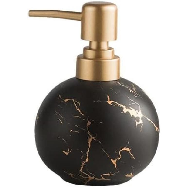 Gold Soap Dispenser for Bathroom or Kitchen, Cute Marble Round Ceramic Lotion Bottle, Rust-Free Pump(White)