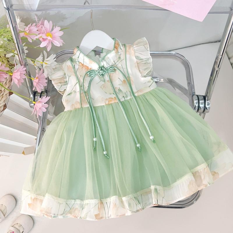 Summer  Baby Girl Dress Chinese Style Young Children's Clothing Short Sleeve Mesh Infant Kids Costume