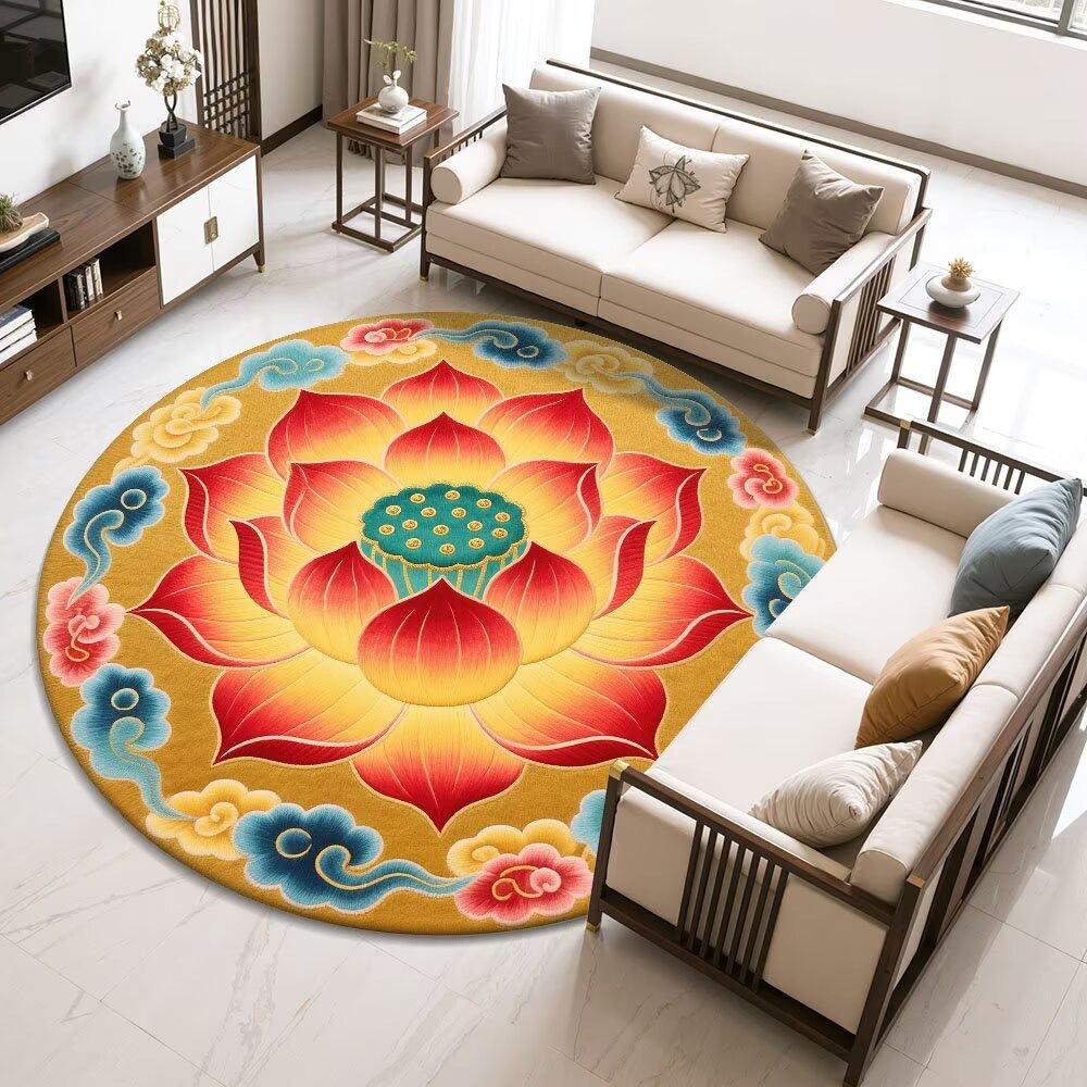 Lotus-Round Rug – Easy-Clean Meditation  Living Room Decor Rug with Chinese Floral Motif