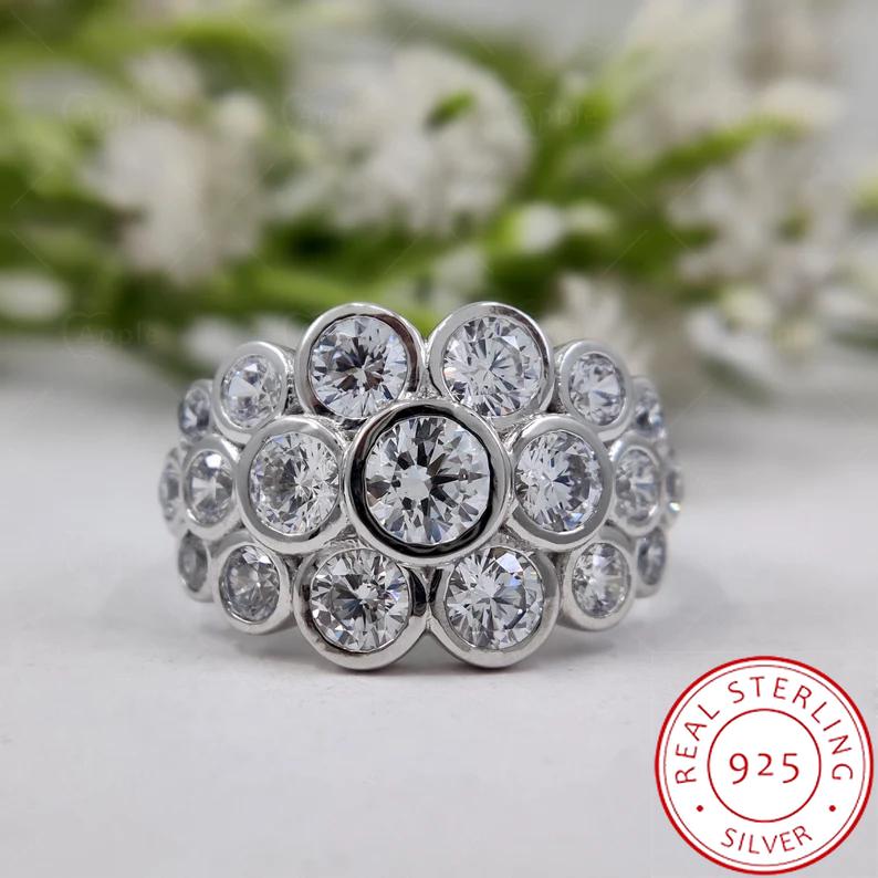 

Round Bubble Bezel Set Zircon Ring for Women, 925 Silver Plated Multi-Stone Band, Elegant Luxury Cocktail Party Jewelry Gift 10