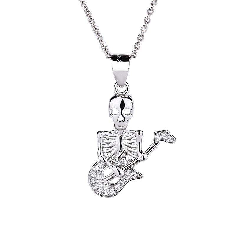 925 Sterling Silver Vintage Skull Guitarist Pendant Necklace - Unisex European American Hip Hop Punk Style Clavicle Chain