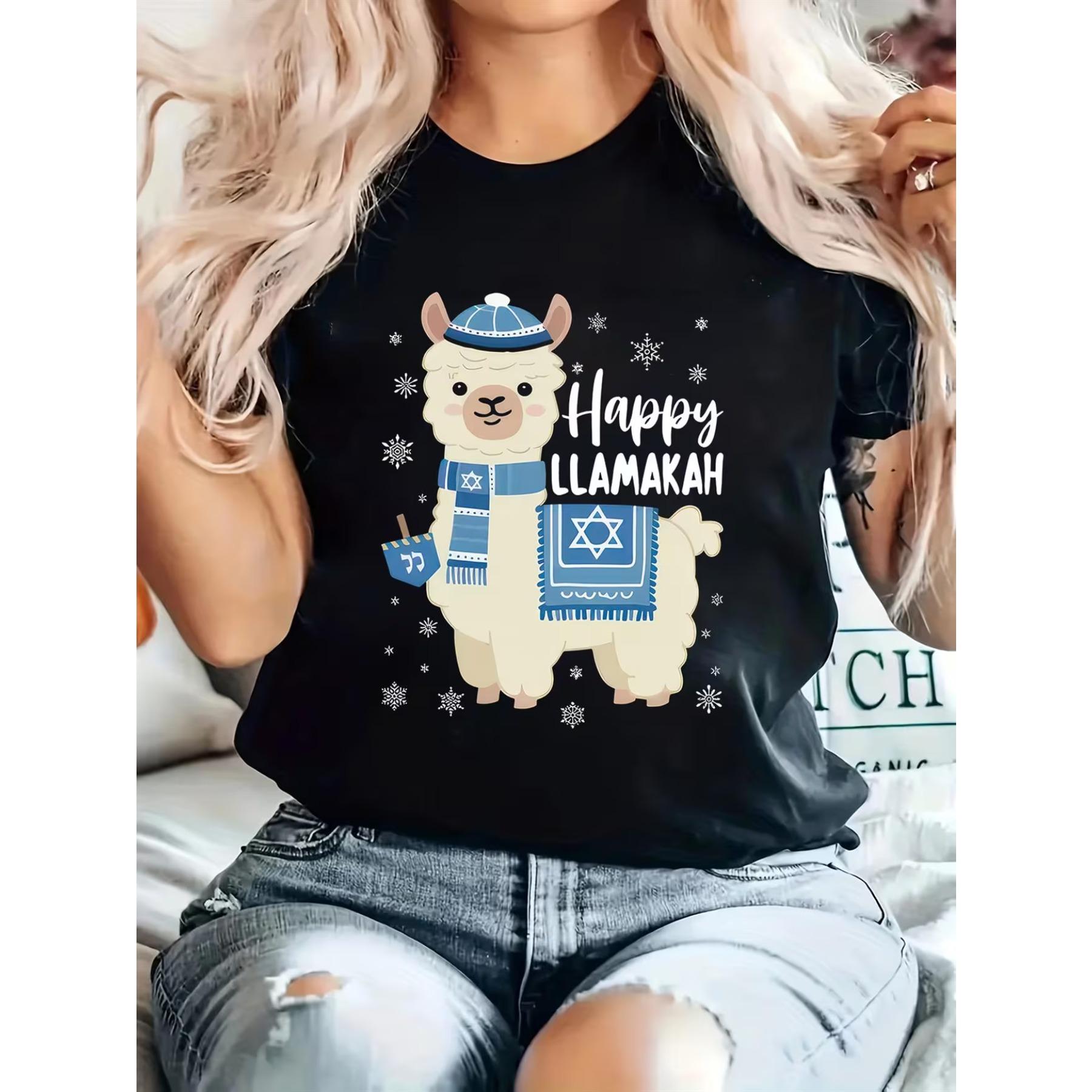 Womens Happy Llamakah Print T-Shirt - Llama & Spanish Phrase Lettering Casual Crew Neck Short Sleeve Summer Top S чёрный