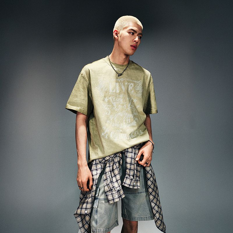 

HM Men s T-shirt 2025 Summer New Arrival Front Large Print Heavy Weight American round Neck Loose Short Sleeves 1271804 Khaki Green 180/124(2XL)