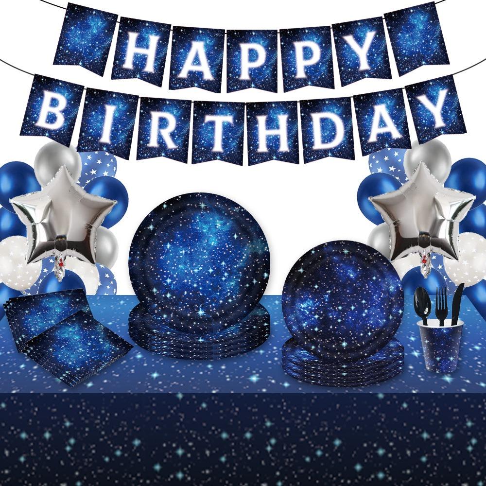 Starry Sky Theme Party Disposable Tableware Blue Night Starry Sky Plates Napkins Cups Kids Boys Happy Birthday Party Supplies