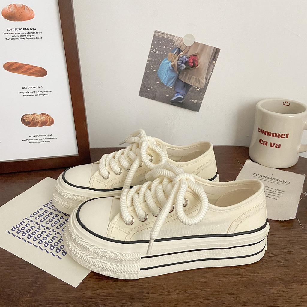 Cream platform canvas shoes women's thin summer new trendy niche big head muffin student white shoes